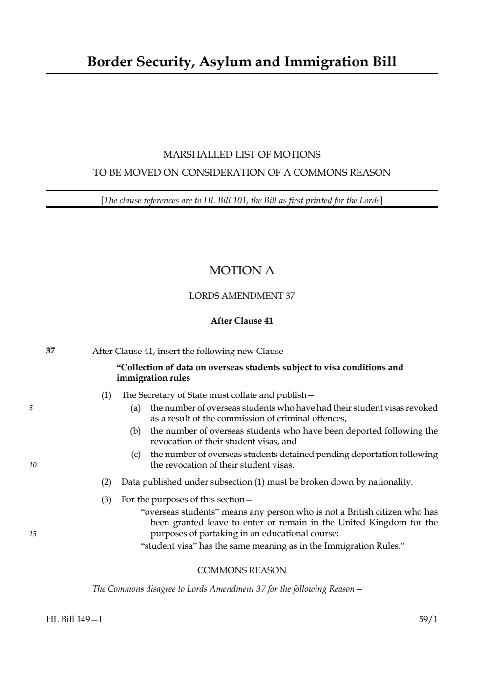 Border Security, Asylum and Immigration Bill Marshalled List of motions to be moved on consideration of a Commons reason