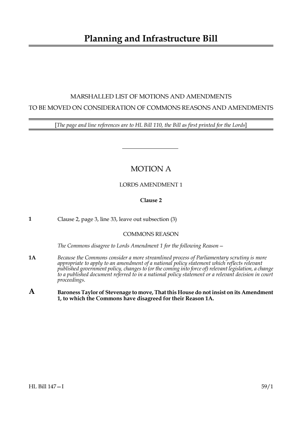 Planning and Infrastructure Bill Marshalled List of motions and amendments to be moved on consideration of Commons reasons and amendments