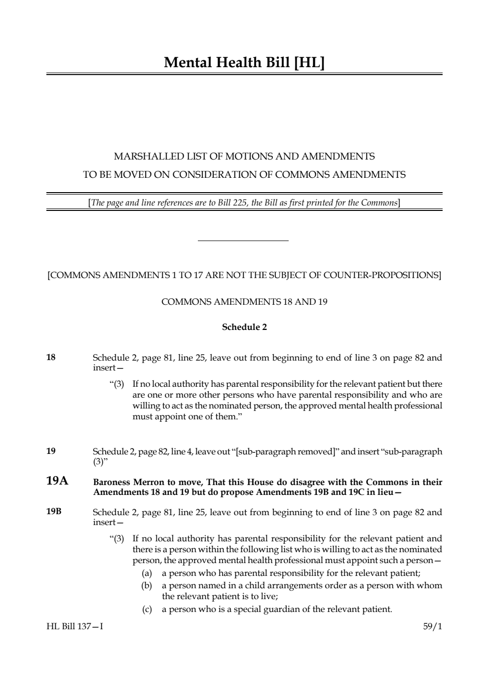 Mental Health Bill Marshalled List of motions and amendments to be moved on consideration of Commons amendments