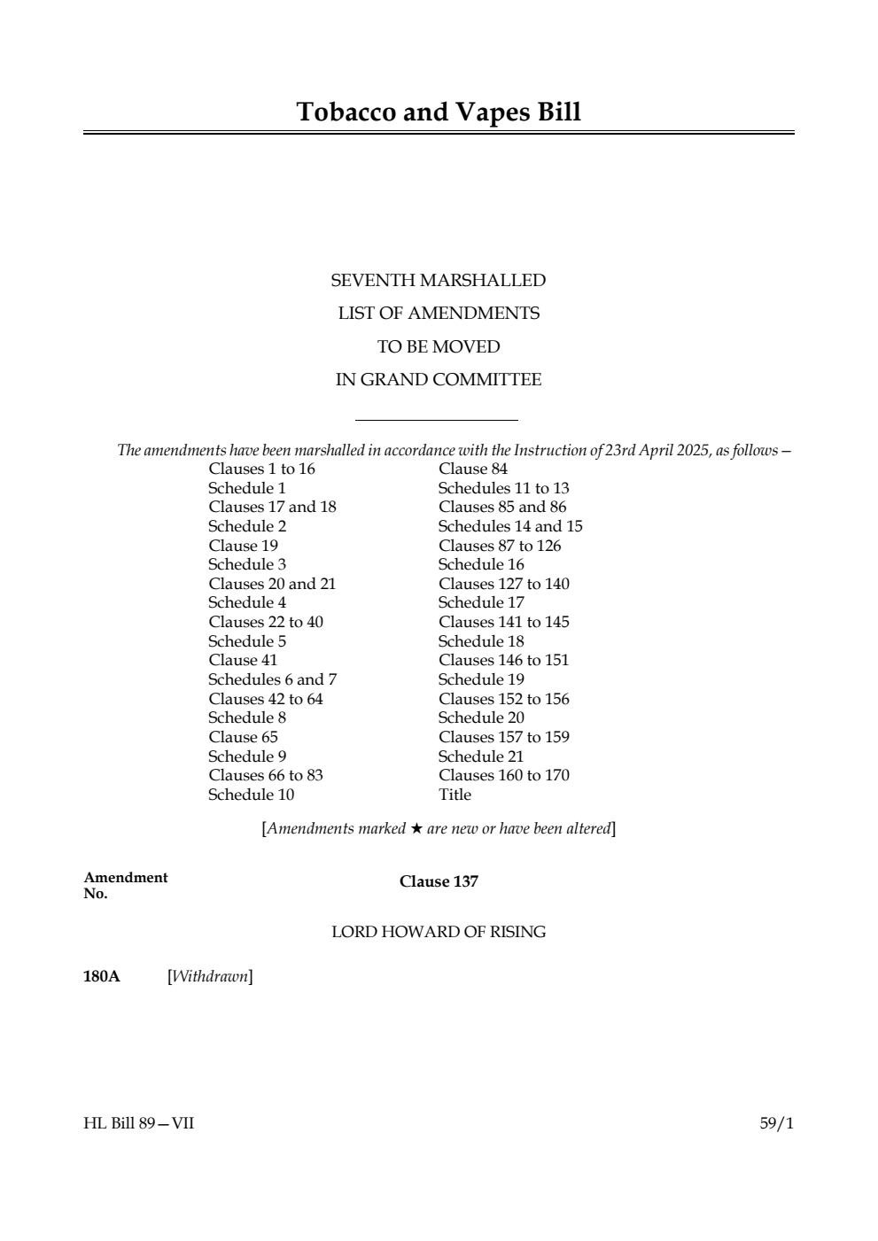 Tobacco and Vapes Bill Seventh Marshalled List of amendments to be moved in Grand Committee
