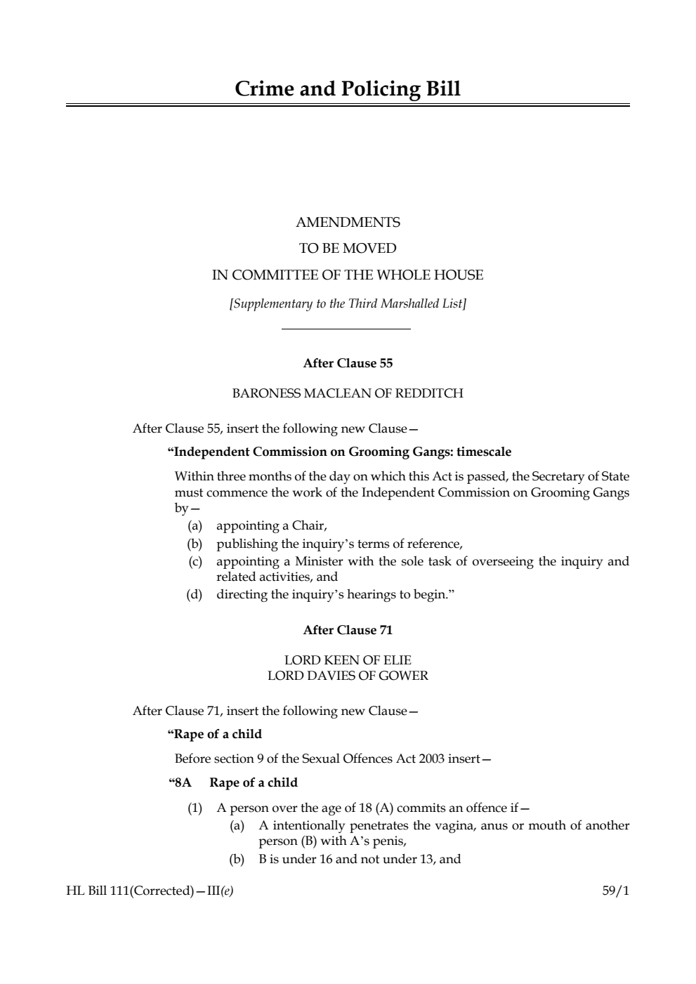 Crime and Policing Bill Amendments to be moved in Committee of the Whole House [Supplementary to the Third Marshalled List]
