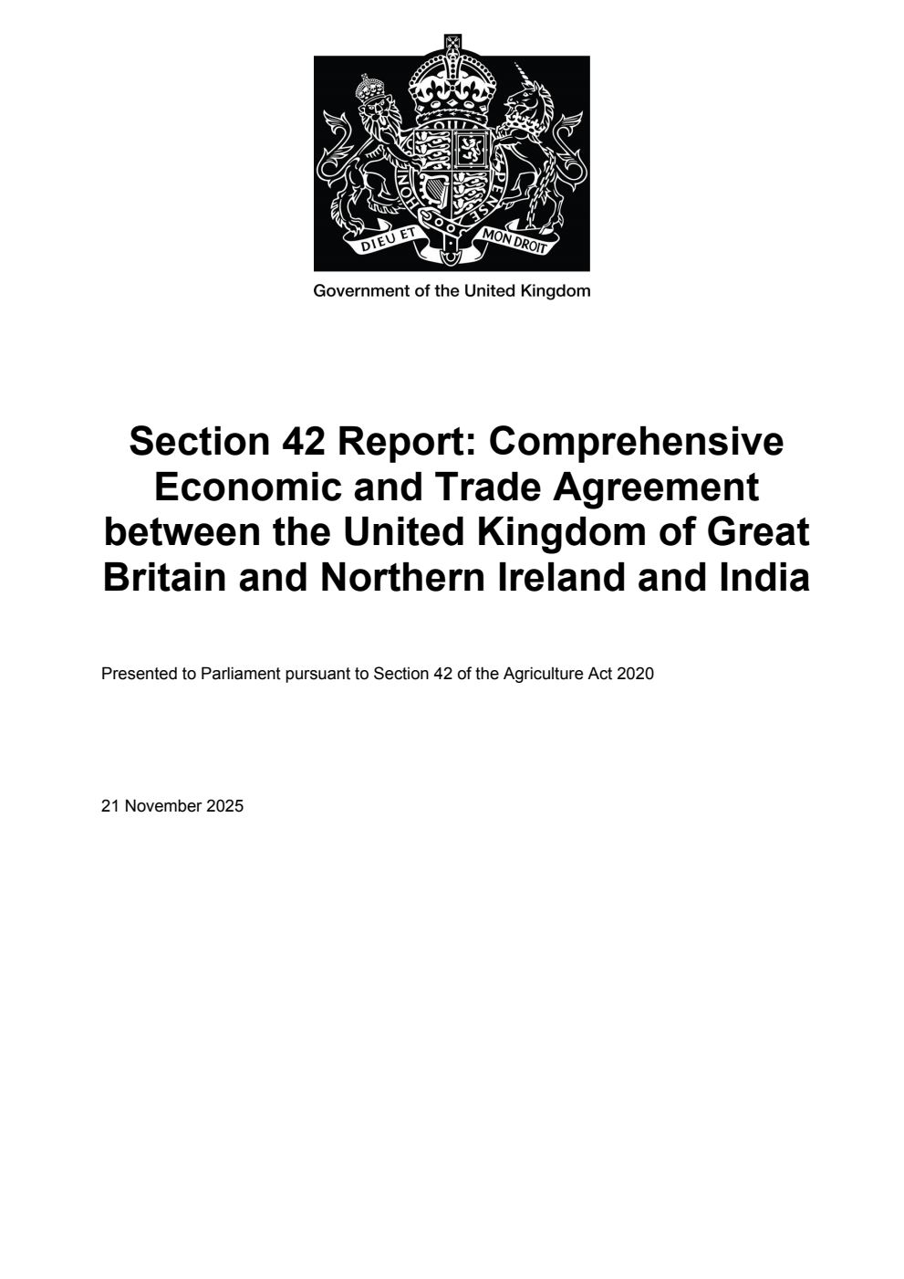 Section 42 Report: Comprehensive Economic and Trade Agreement between the United Kingdom of Great Britain and Northern Ireland and India