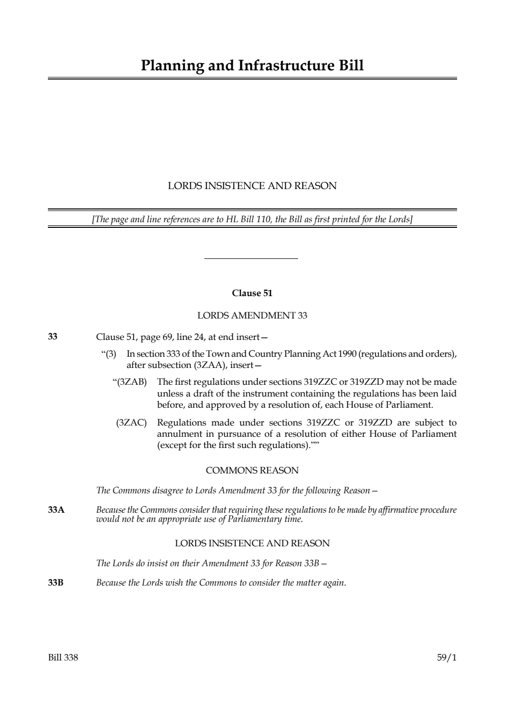 Planning and Infrastructure Bill Lords insistence and reason