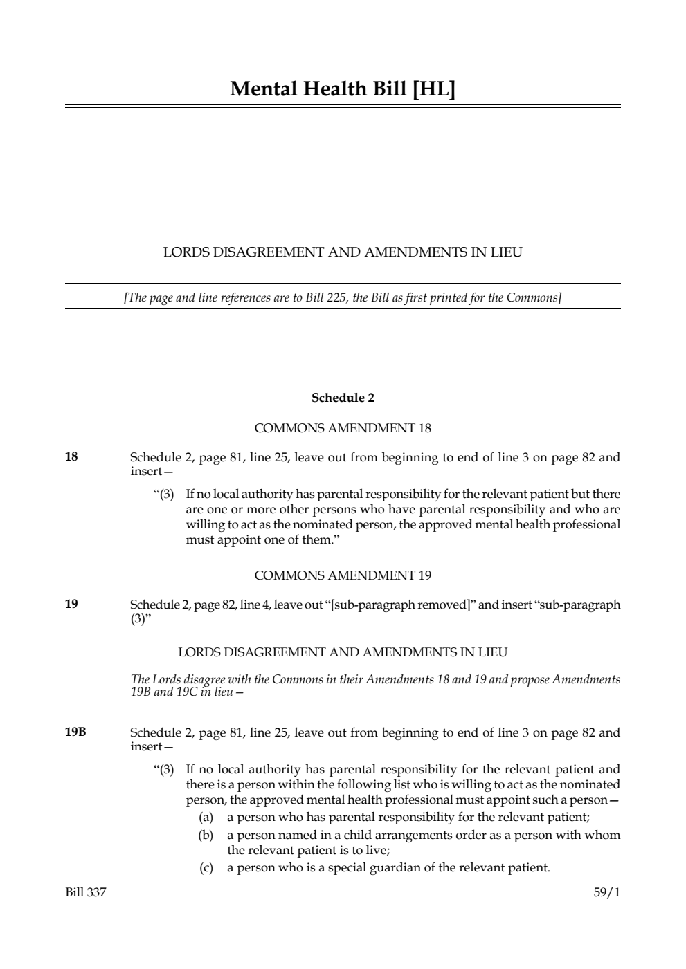 Mental Health Bill Lords disagreement and amendments in lieu
