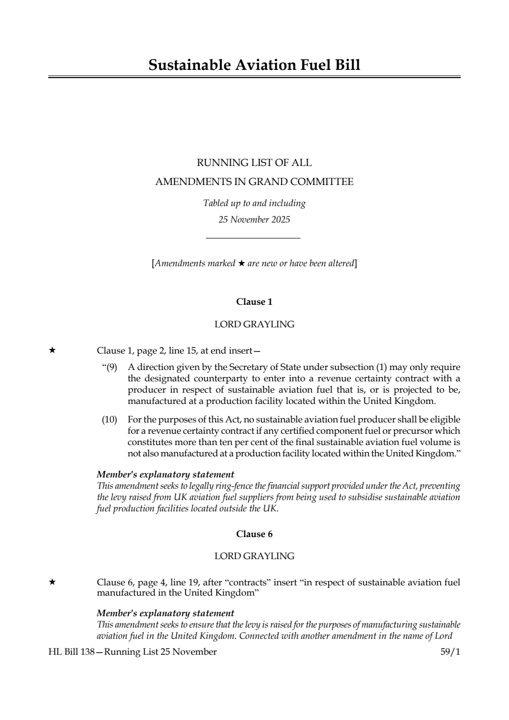 Sustainable Aviation Fuel Bill Running List of all amendments in Grand Committee tabled up to and including 25 November 2025