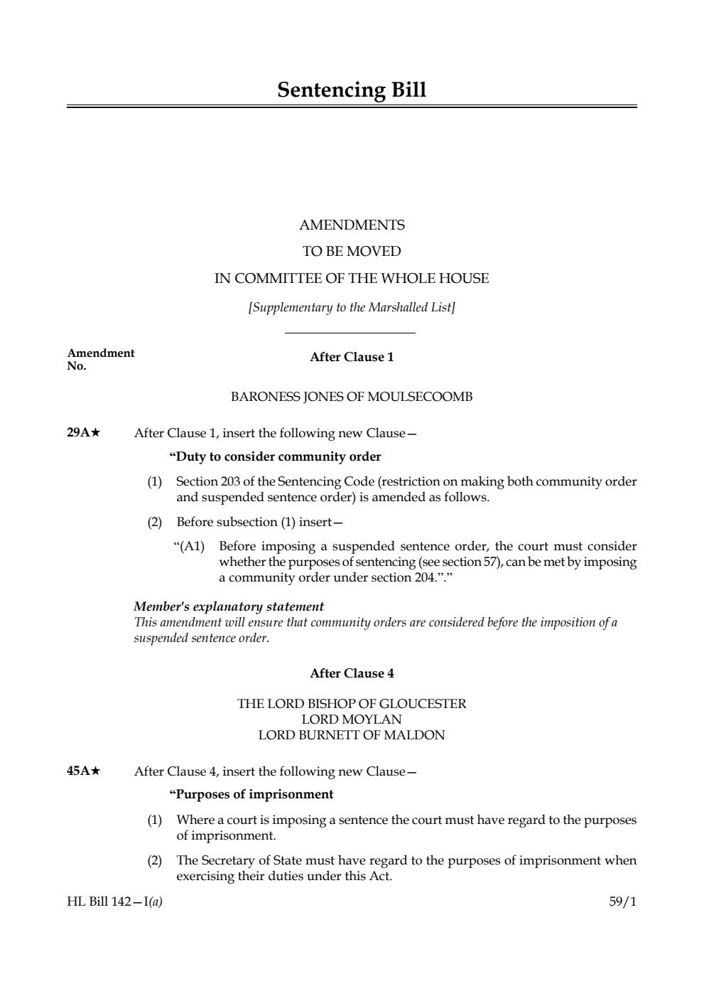 Sentencing Bill Amendments to be moved in Committee of the Whole House [Supplementary to the Marshalled List] 