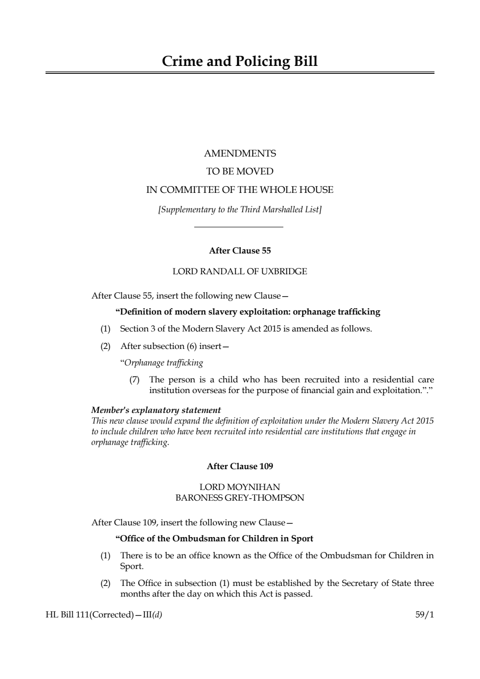 Crime and Policing Bill Amendments to be moved in Committee of the Whole House