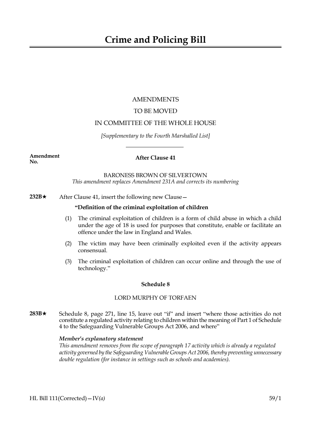 Crime and Policing Bill Amendments to be moved in Committee of the Whole House [Supplementary to the Fourth Marshalled List] 