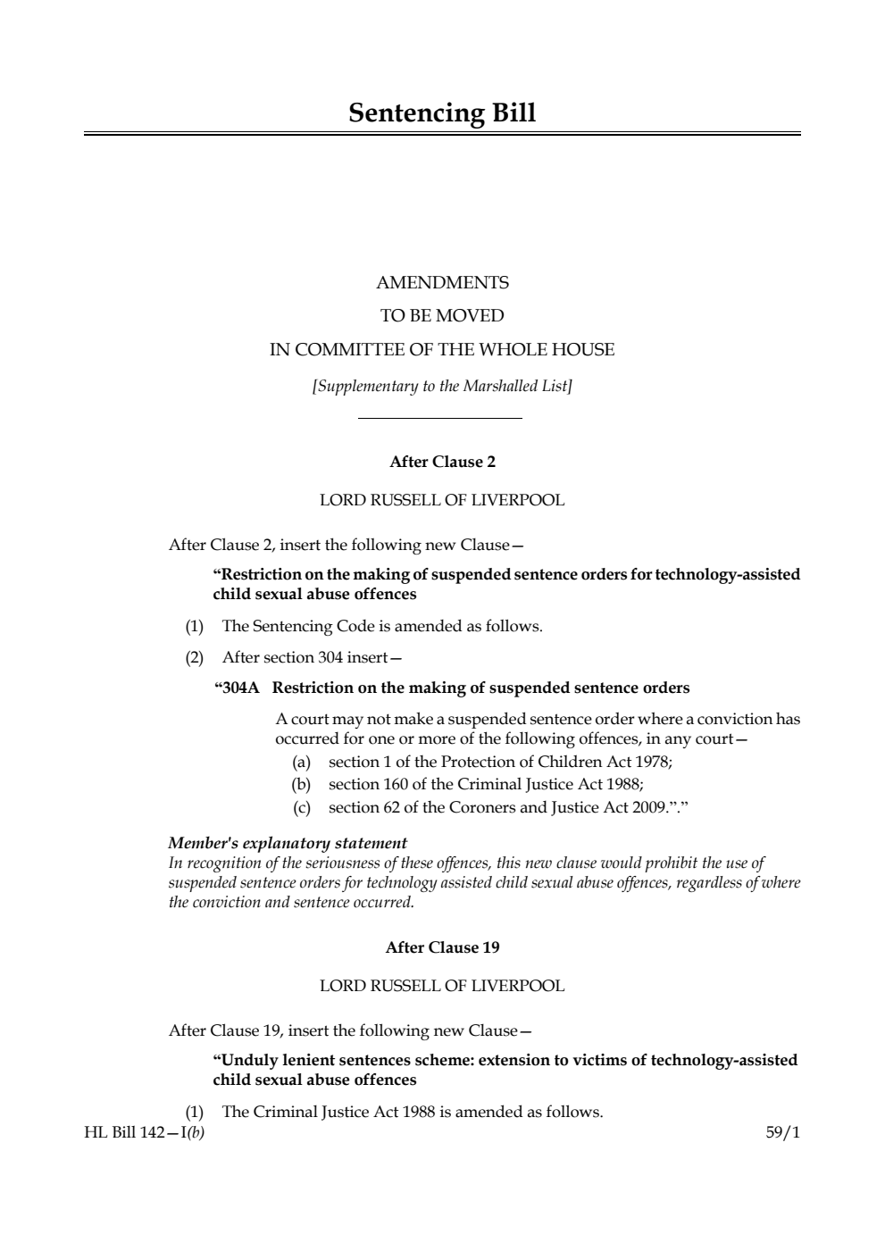Sentencing Bill Amendments to be moved in Committee of the Whole House [Supplementary to the Marshalled List]
