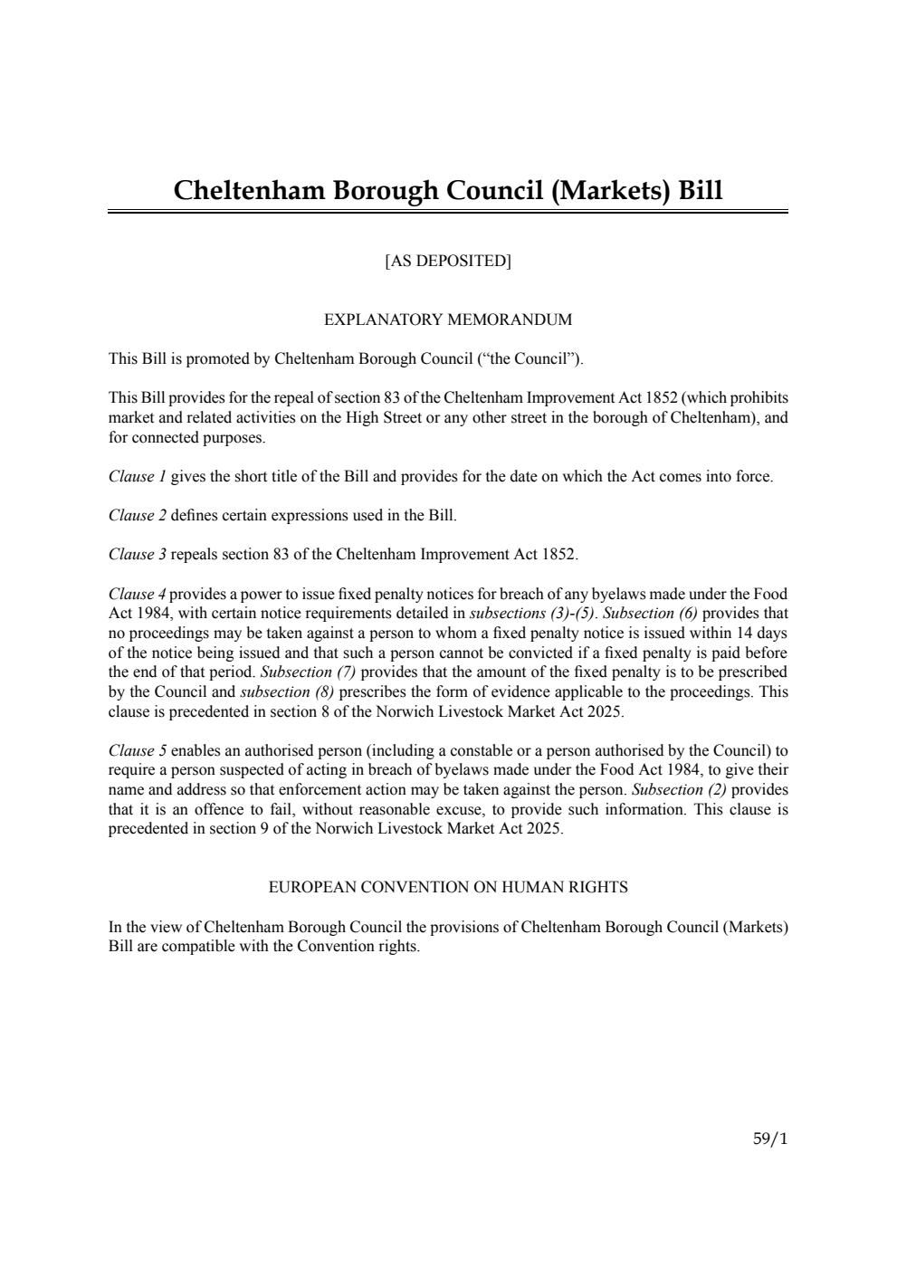 Cheltenham Borough Council (Markets) Bill