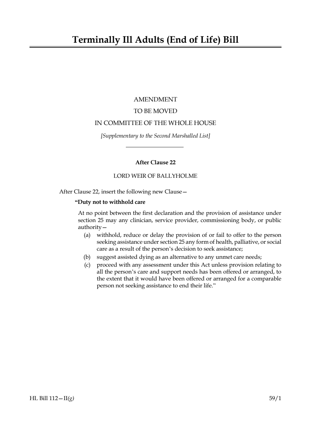 Terminally Ill Adults (End of Life) Bill Amendment to be moved in Committee of the Whole House [Supplementary to the Second Marshalled List] 