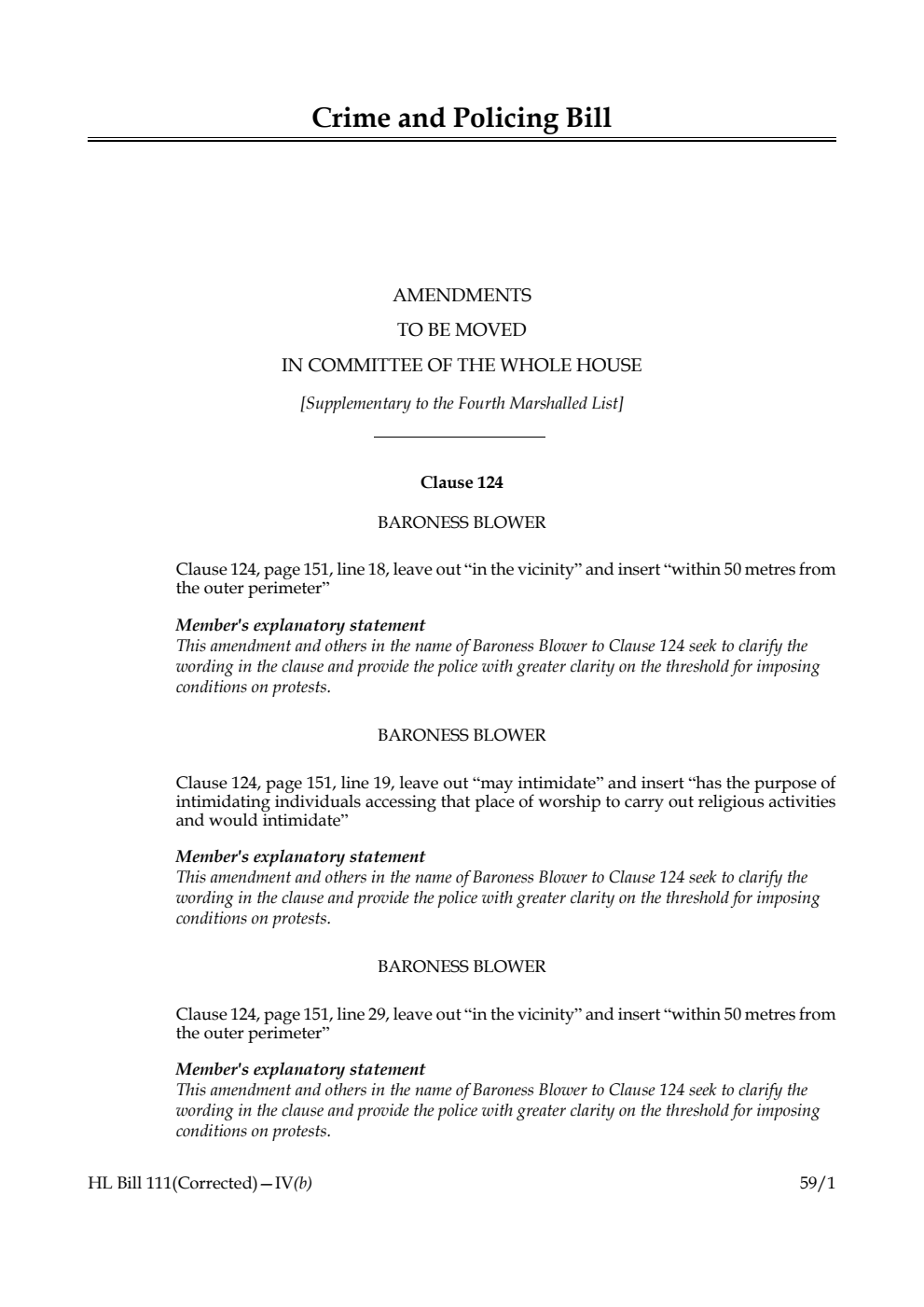 Crime and Policing Bill Amendments to be moved in Committee of the Whole House [Supplementary to the Fourth Marshalled List]