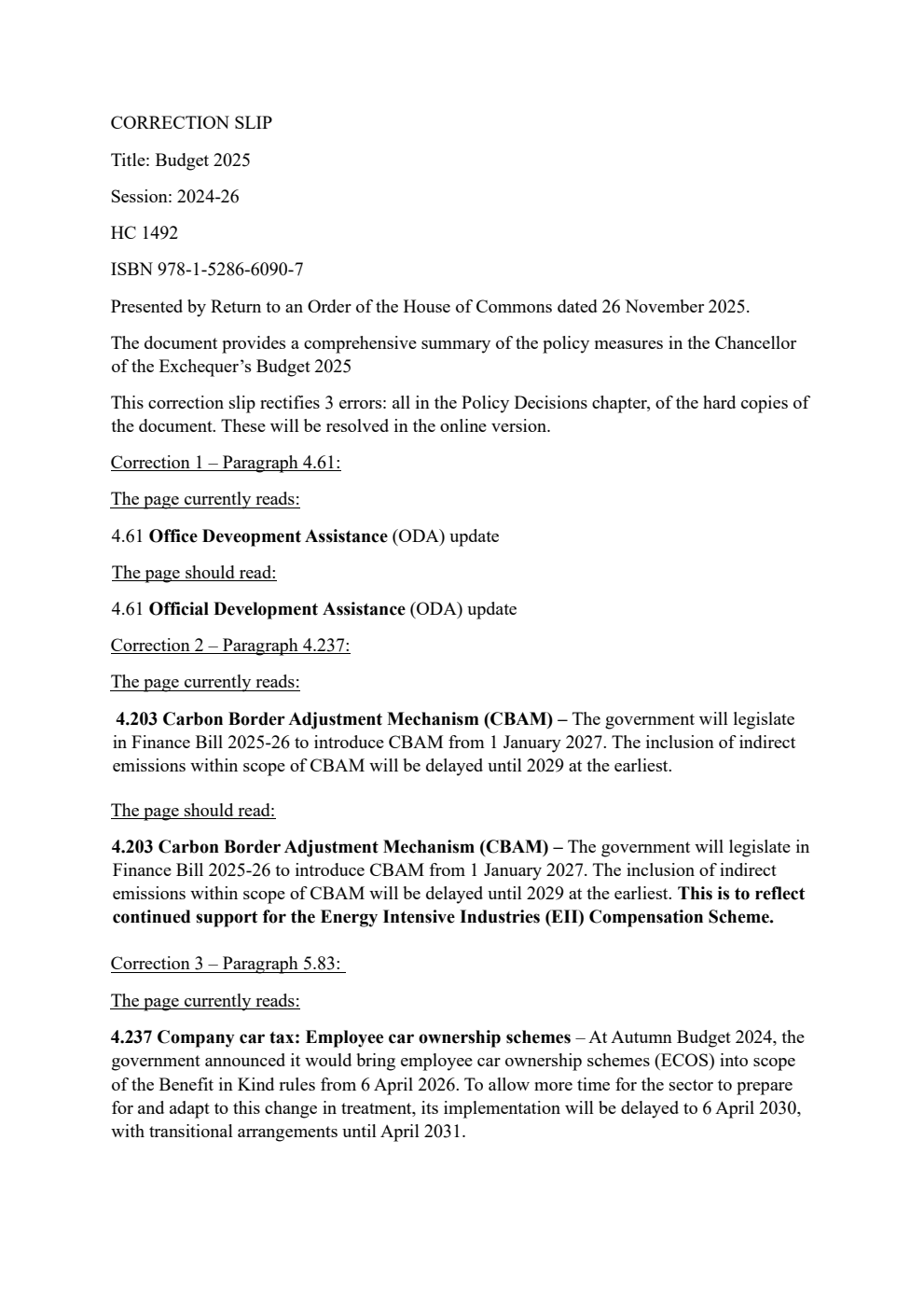 Budget 2025. Strong Foundation, Secure Futures. Correction Slip, November 2025