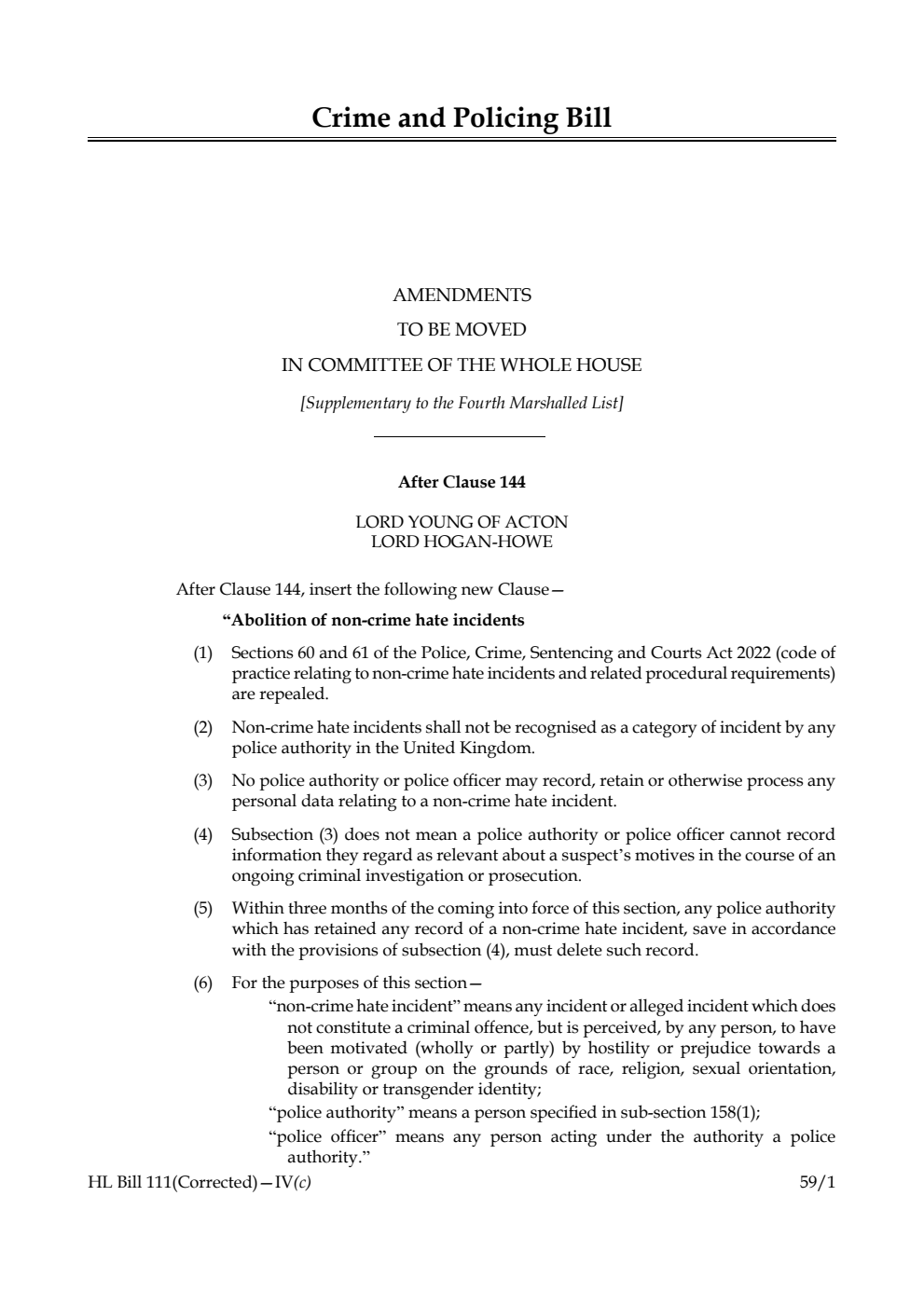 Crime and Policing Bill Amendments to be moved in Committee of the Whole House [Supplementary to the Fourth Marshalled List]