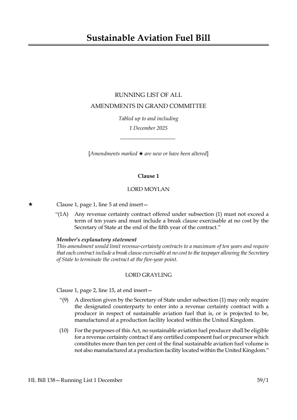Sustainable Aviation Fuel Bill Running List of all amendments in Grand Committee tabled up to and including 1 December 2025
