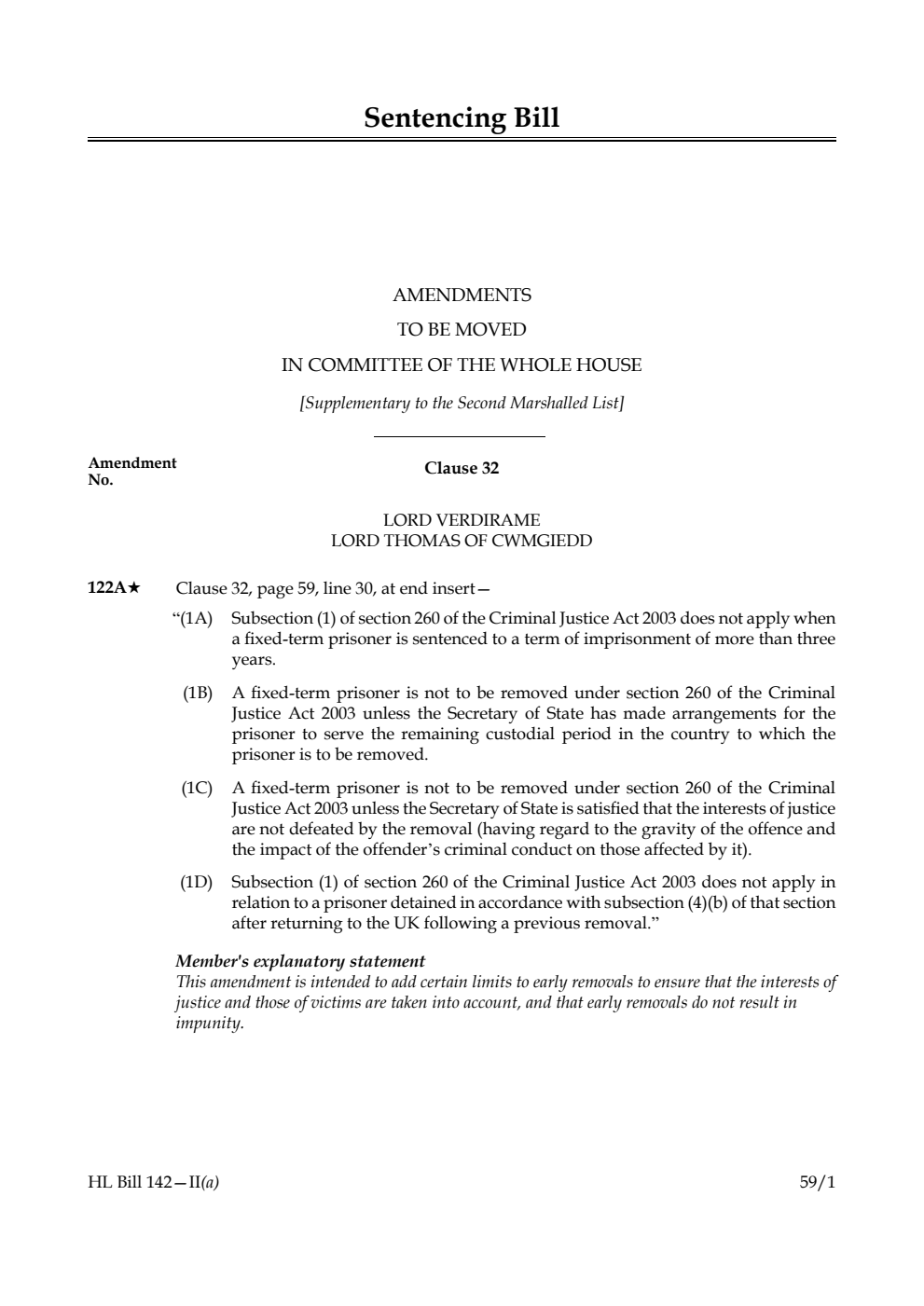 Sentencing Bill Amendments to be moved in Committee of the Whole House [Supplementary to the Second Marshalled List]