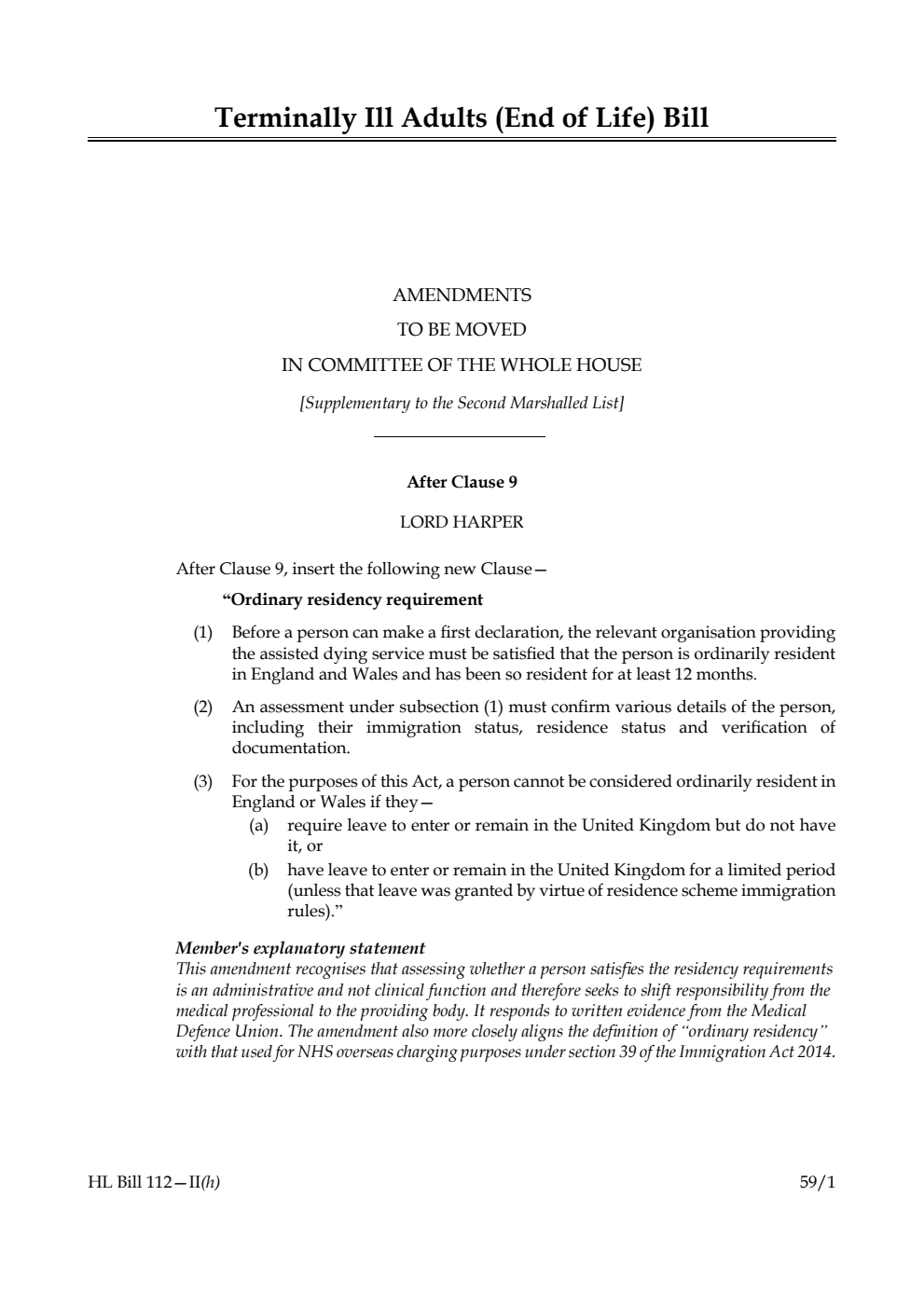 Terminally Ill Adults (End of Life) Bill Amendments to be moved in Committee of the Whole House [Supplementary to the Second Marshalled List] 