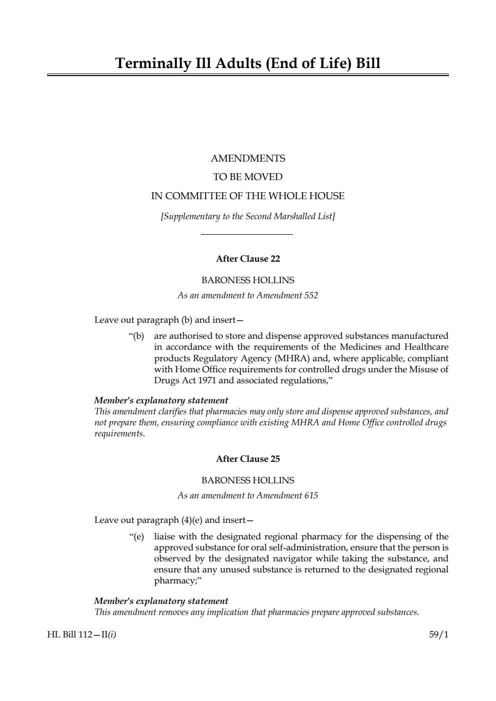 Terminally Ill Adults (End of Life) Bill Amendments to be moved in Committee of the Whole House [Supplementary to the Second Marshalled List] 