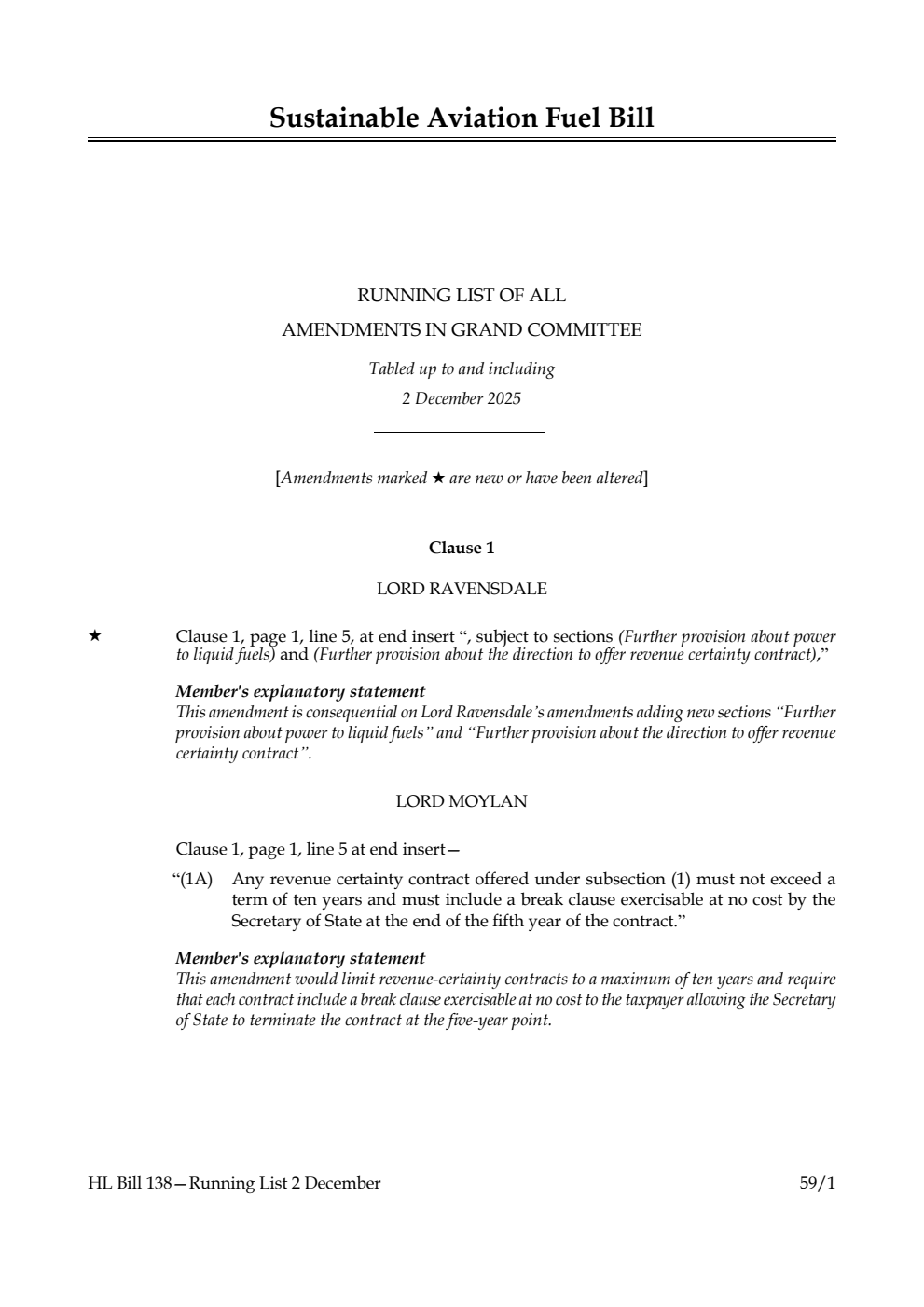 Sustainable Aviation Fuel Bill Running List of all amendments in Grand Committee tabled up to and including 2 December 2025