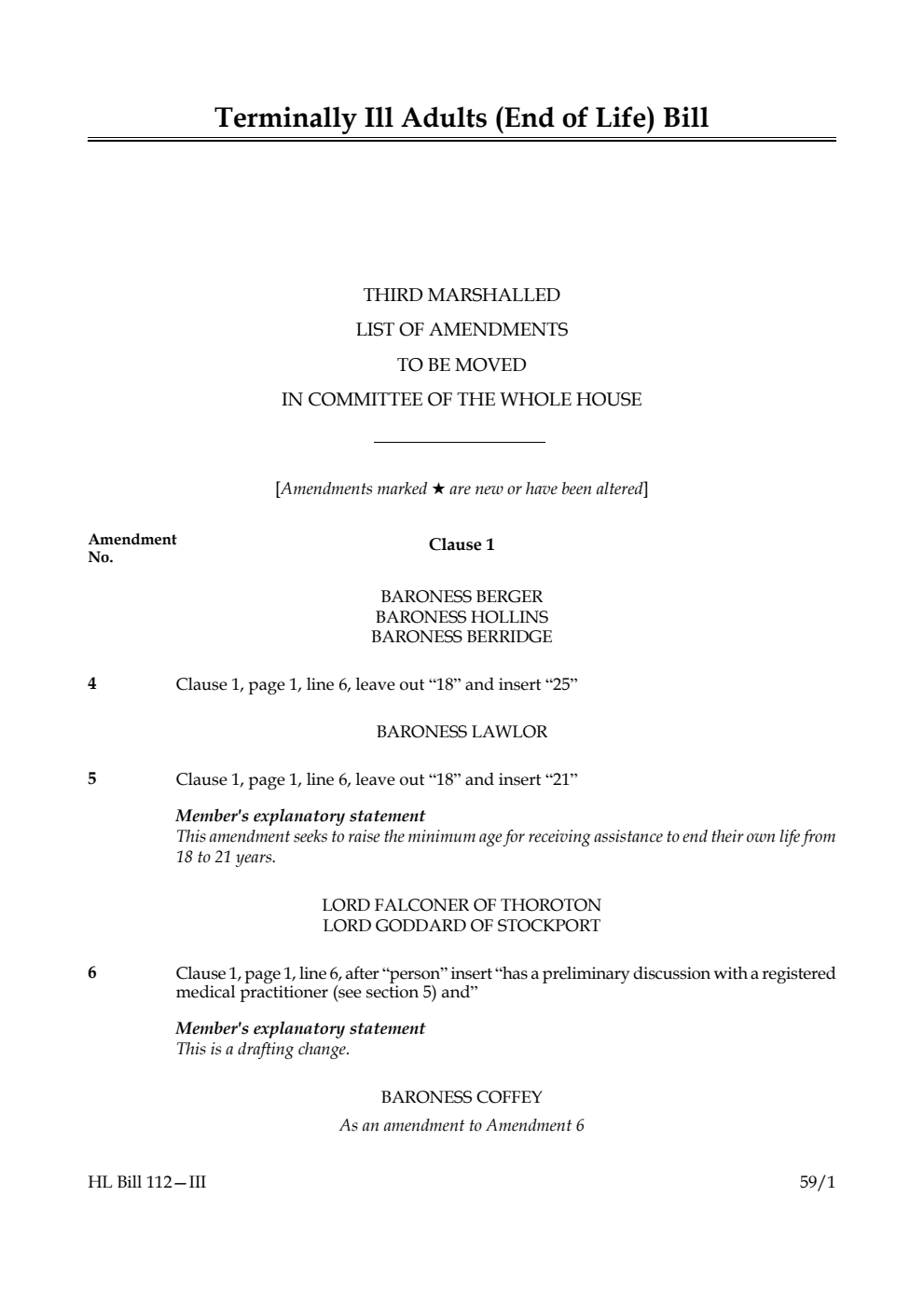 Terminally Ill Adults (End of Life) Bill Third Marshalled List of amendments to be moved in Committee of the Whole House