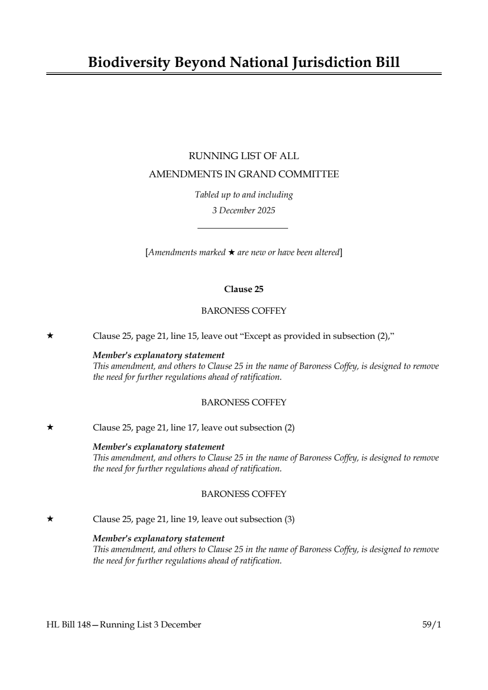 Biodiversity Beyond National Jurisdiction Bill Running List of all amendments in Grand Committee tabled up to and including 3 December 2025