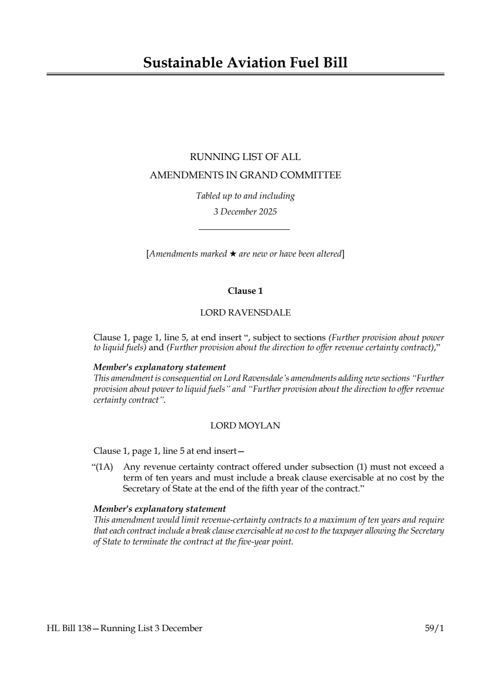 Sustainable Aviation Fuel Bill Running List of all amendments in Grand Committee tabled up to and including 3 December 2025
