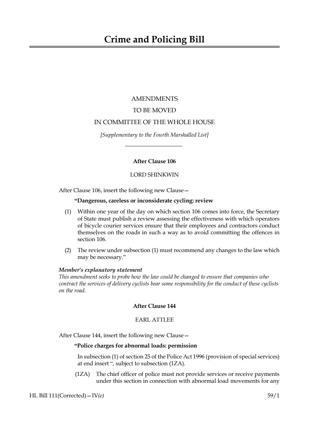 Crime and Policing Bill Amendments to be moved in Committee of the Whole House [Supplementary to the Fourth Marshalled List] 