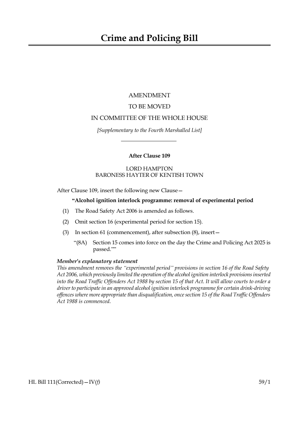 Crime and Policing Bill Amendment to be moved in Committee of the Whole House [Supplementary to the Fourth Marshalled List]
