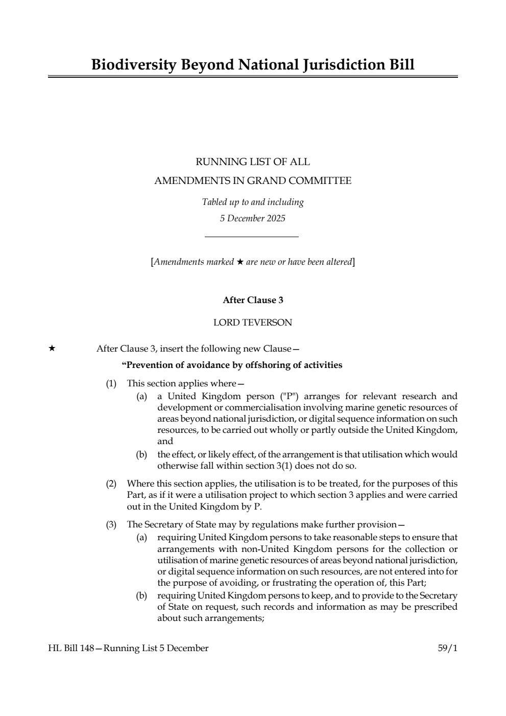 Biodiversity Beyond National Jurisdiction Bill Running List of all amendments in Grand Committee tabled up to and including 5 December 2025