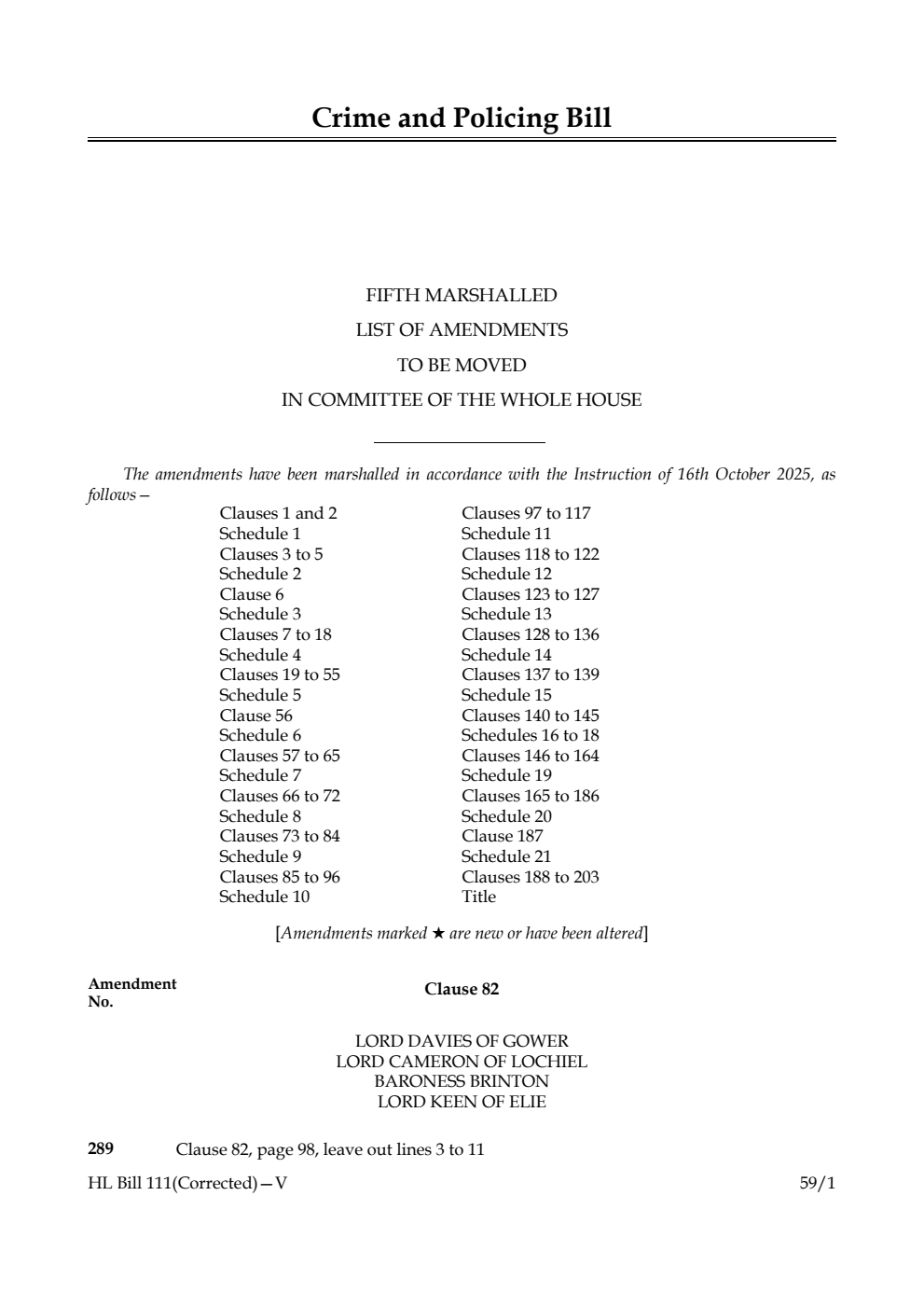 Crime and Policing Bill Fifth Marshalled List of amendments to be moved in Committee of the Whole House