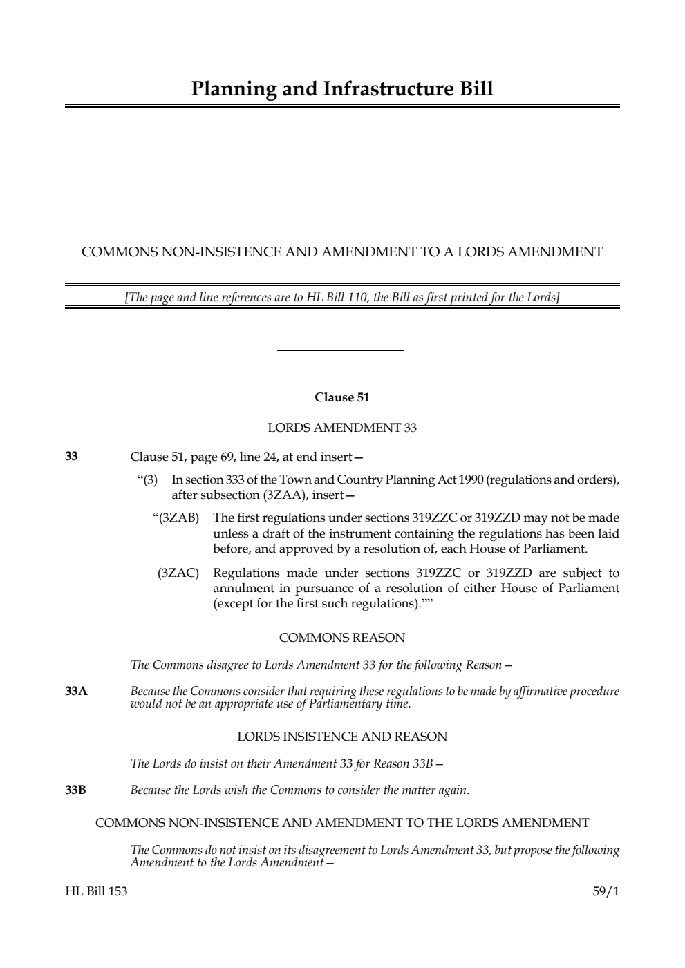 Planning and Infrastructure Bill Commons non-insistence and amendment to a Lords amendment