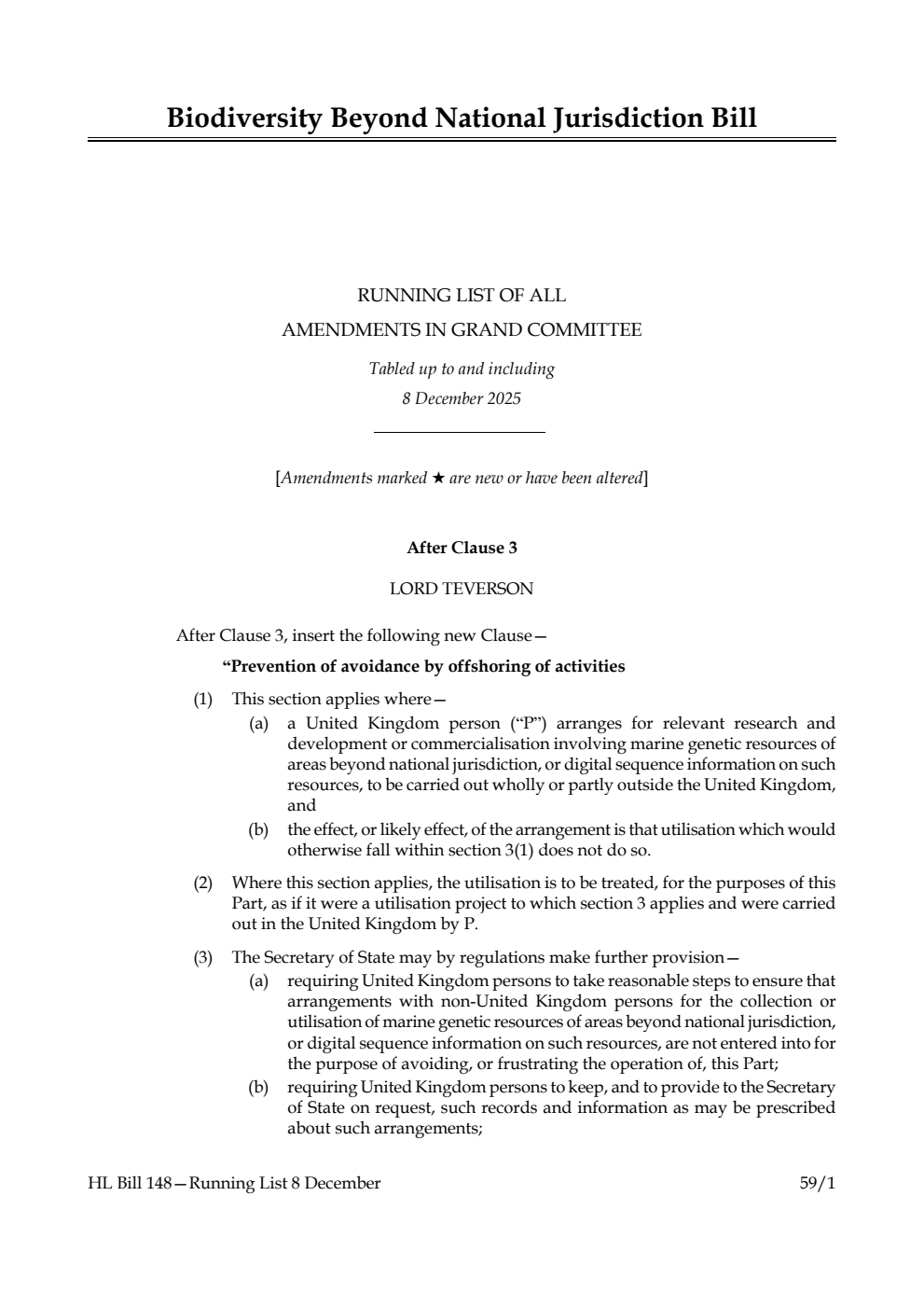 Biodiversity Beyond National Jurisdiction Bill Running List of all amendments in Grand Committee tabled up to and including 8 December 2025