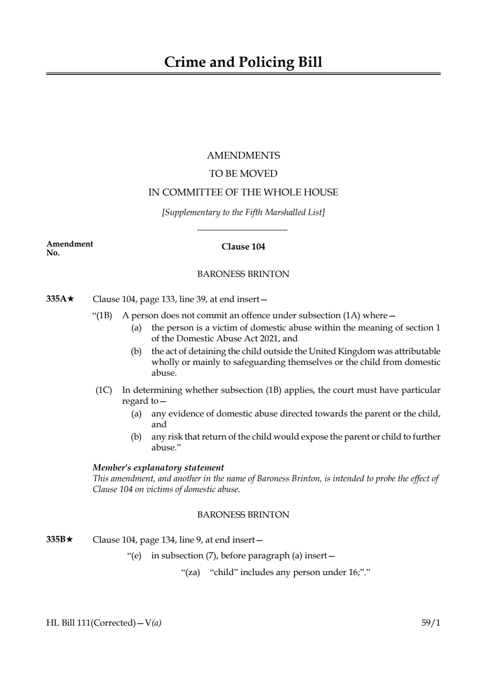 Crime and Policing Bill Amendments to be moved in Committee of the Whole House [Supplementary to the Fifth Marshalled List] 