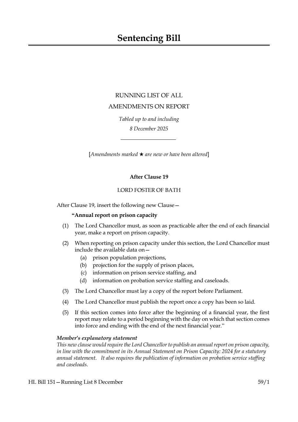 Sentencing Bill Running List of all amendments on report tabled up to and including 8 December 2025