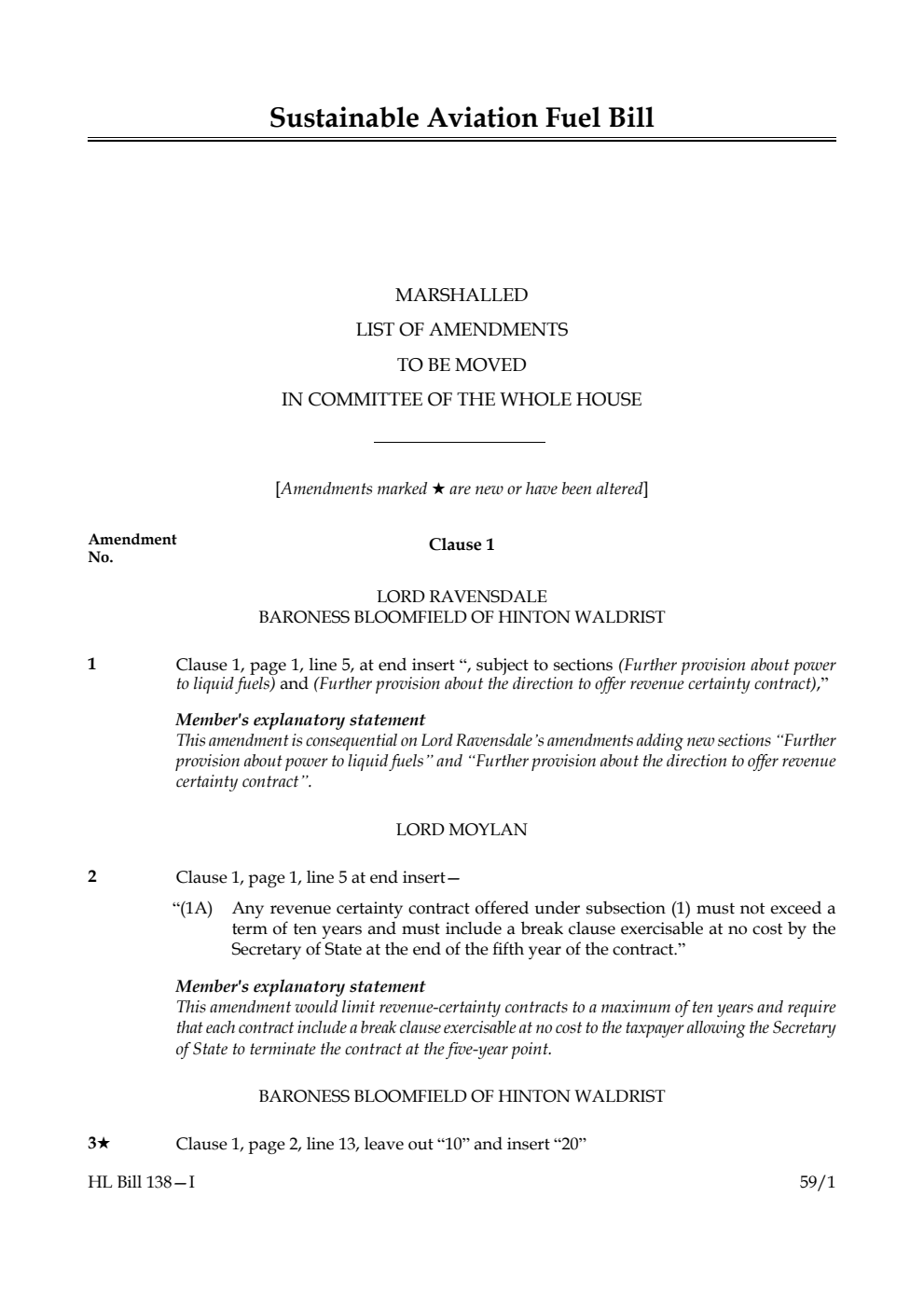 Sustainable Aviation Fuel Bill Marshalled List of amendments to be moved in Committee of the Whole House