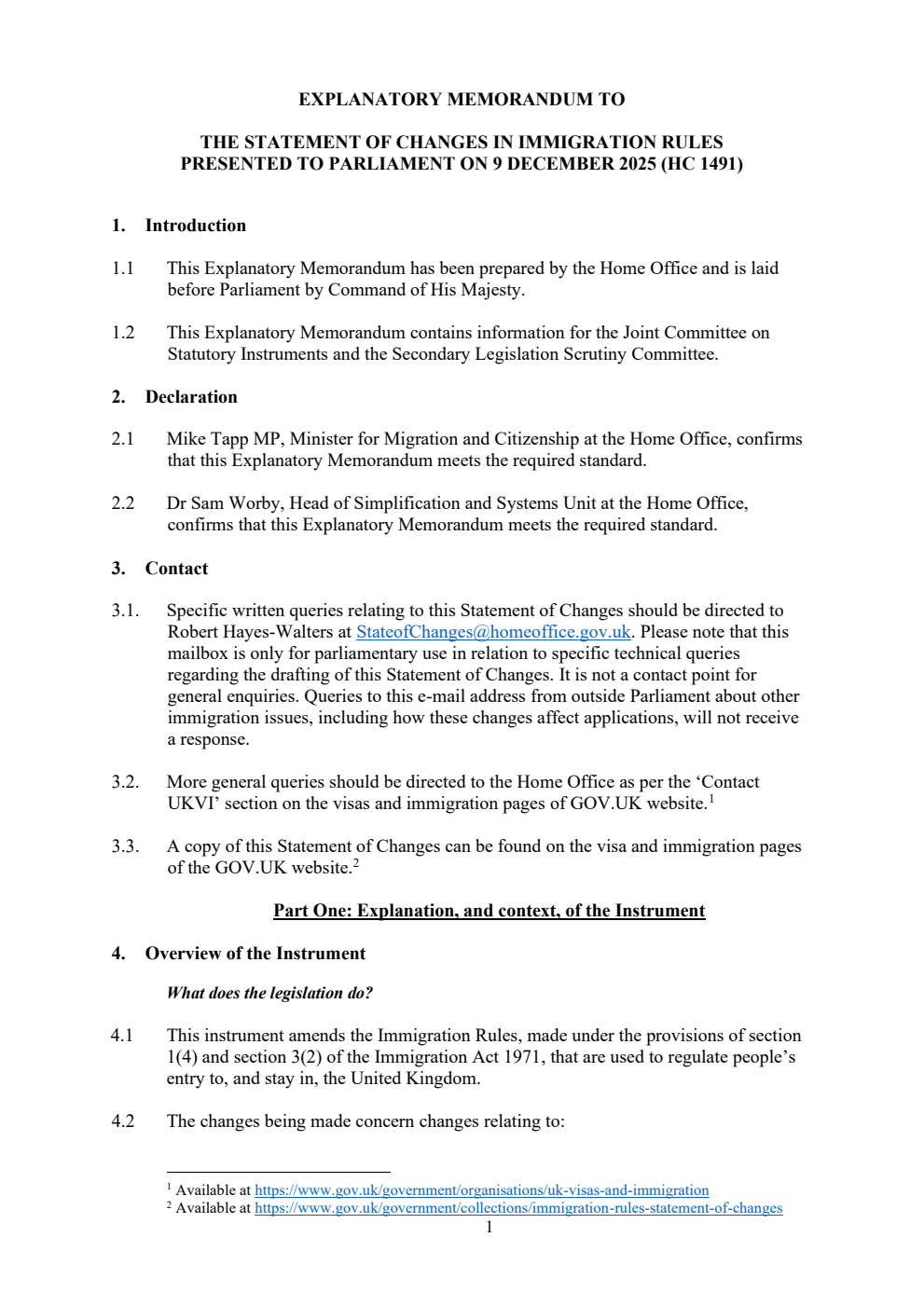 Explanatory Memorandum to the Statement of Changes in Immigration Rules