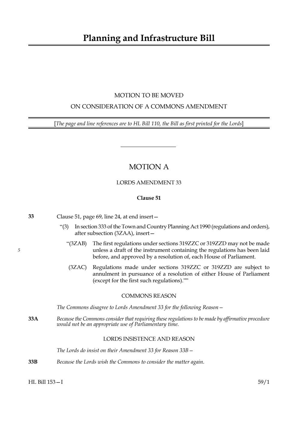 Planning and Infrastructure Bill Motion to be moved on consideration of a Commons amendment