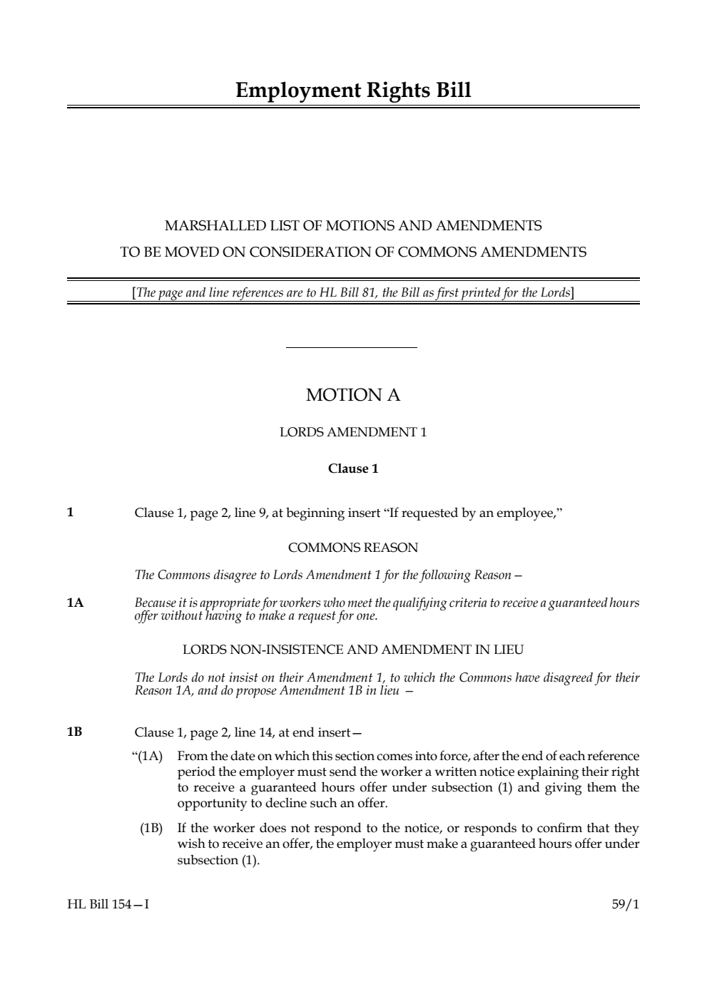 Employment Rights Bill Marshalled List of motions and amendments to be moved on consideration of Commons amendments