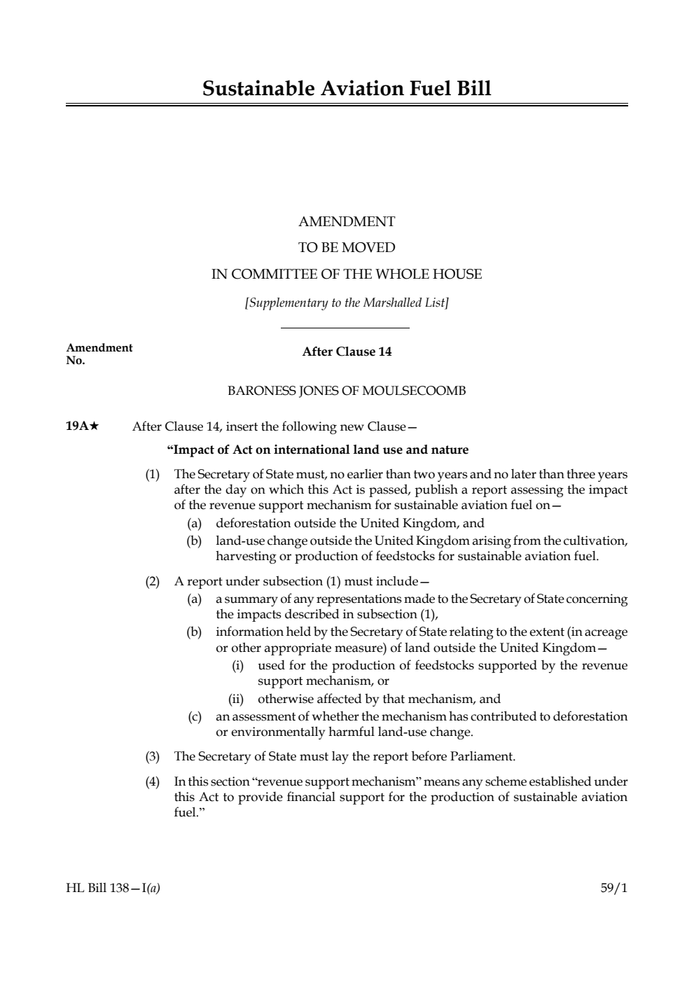 Sustainable Aviation Fuel Bill Amendment to be moved in Committee of the Whole House [Supplementary to the Marshalled List] 