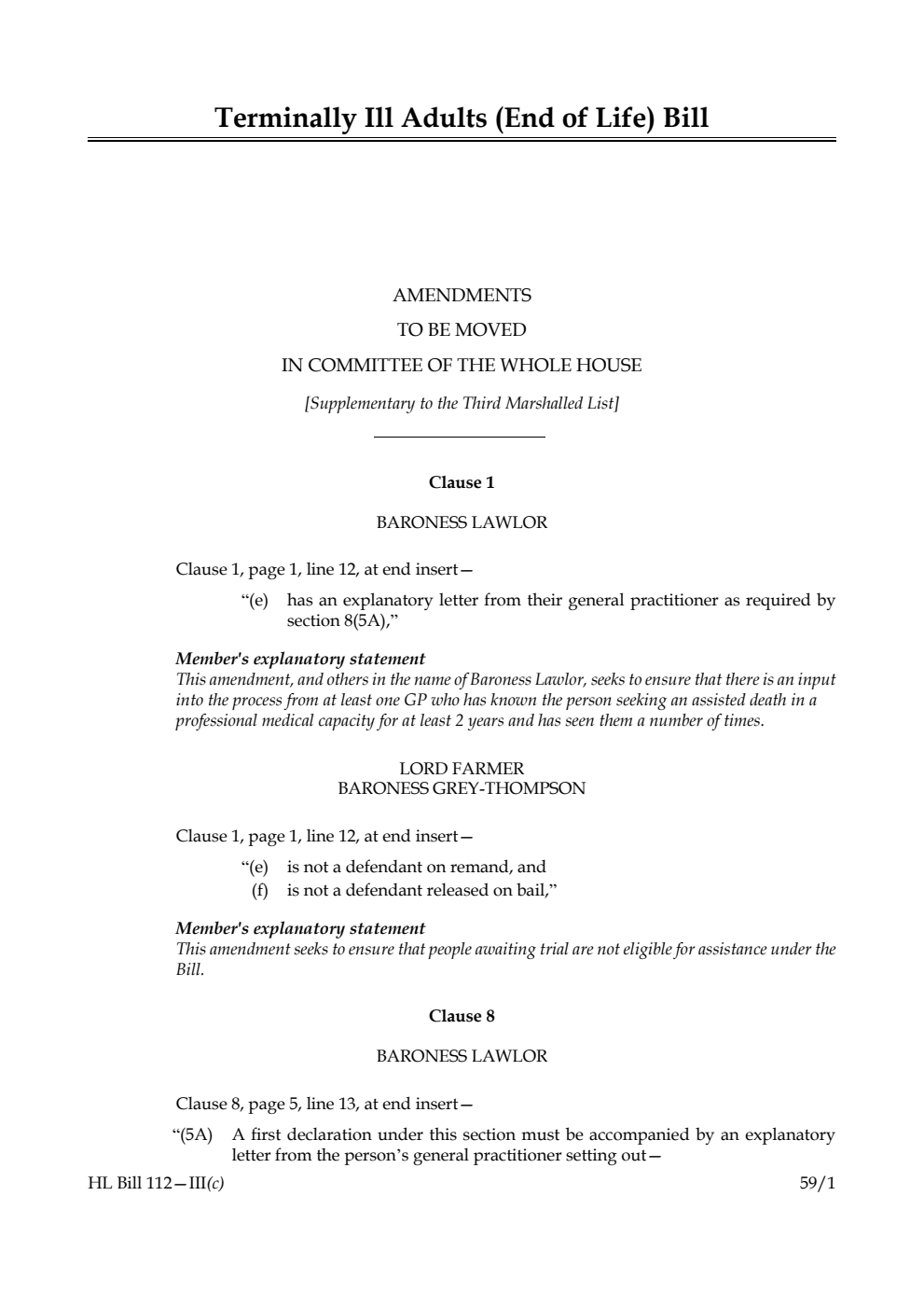Terminally Ill Adults (End of Life) Bill Amendments to be moved in Committee of the Whole House [Supplementary to the Third Marshalled List]