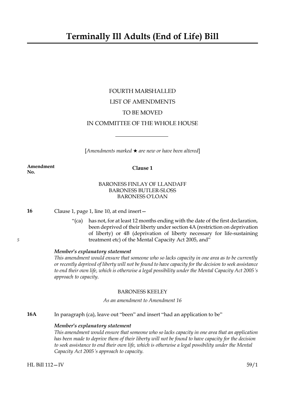 Terminally Ill Adults (End of Life) Bill Fourth Marshalled List of amendments to be moved in Committee of the Whole House