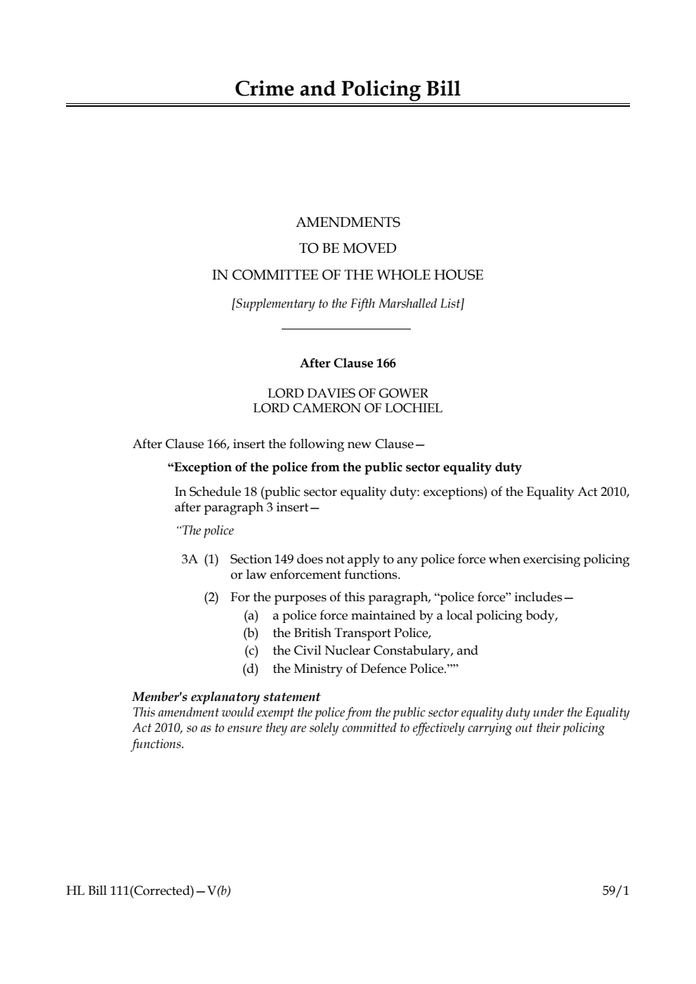 Crime and Policing Bill Amendments to be moved in Committee of the Whole House [Supplementary to the Fifth Marshalled List]