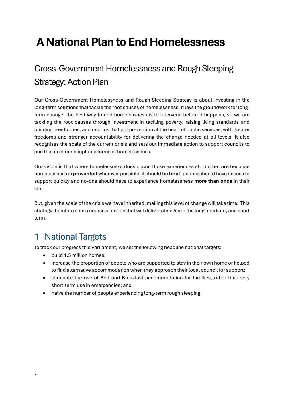 A National Plan to End Homelessness: Cross-Government Homelessness and Rough Sleeping Strategy: Action Plan