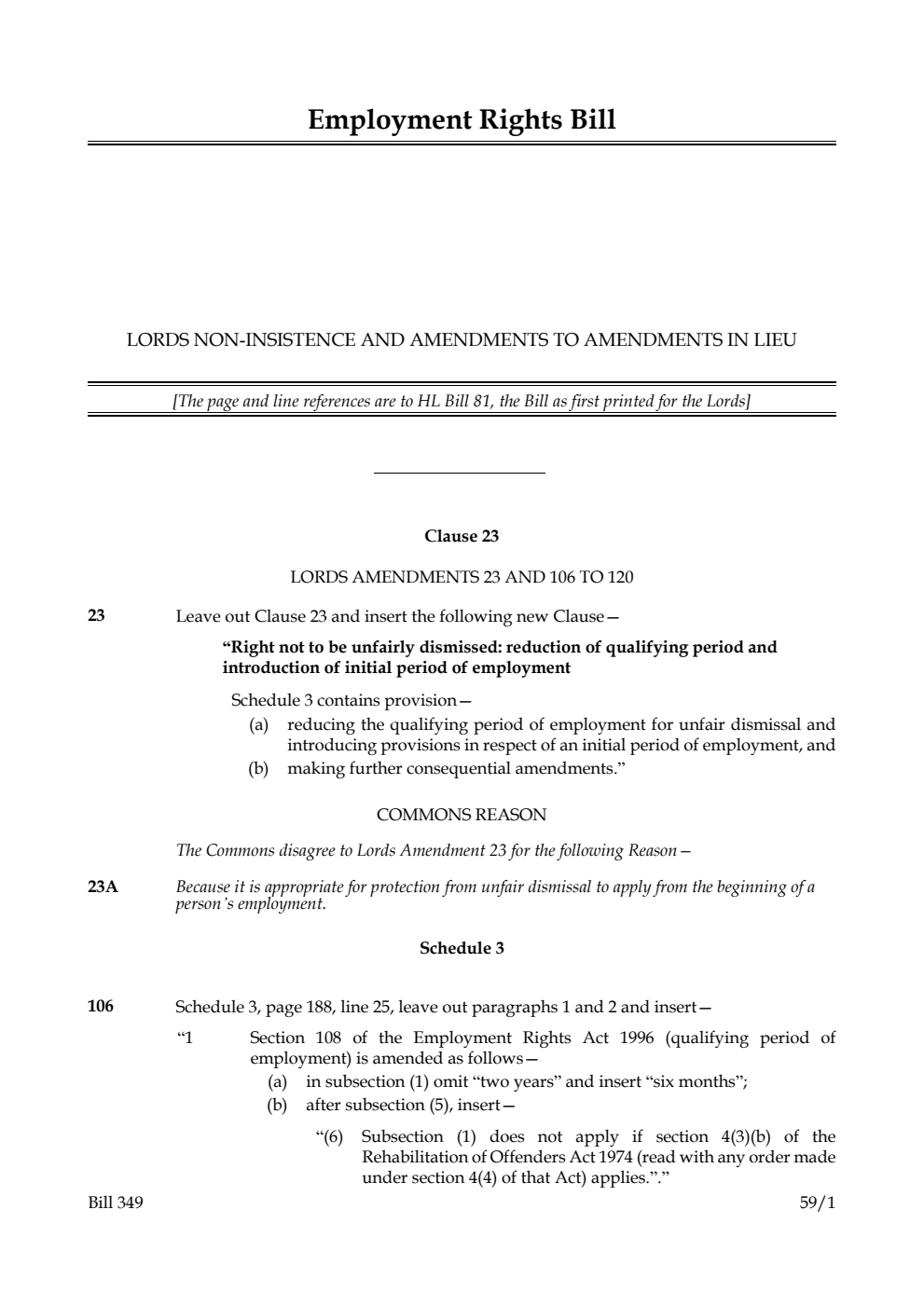 Employment Rights Bill Lords non-insistence and amendments to amendments in lieu