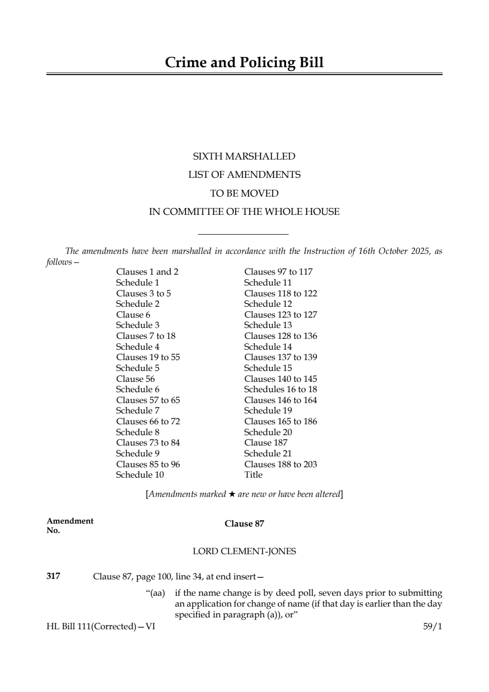 Crime and Policing Bill Sixth Marshalled List of amendments to be moved in Committee of the Whole House