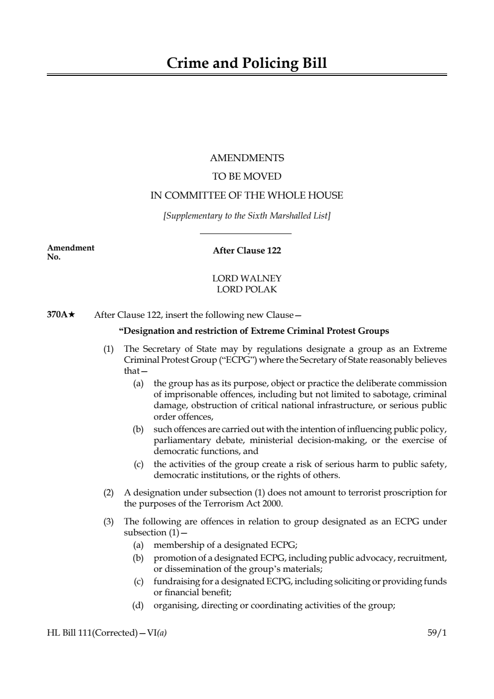Crime and Policing Bill Amendments to be moved in Committee of the Whole House [Supplementary to the Sixth Marshalled List]