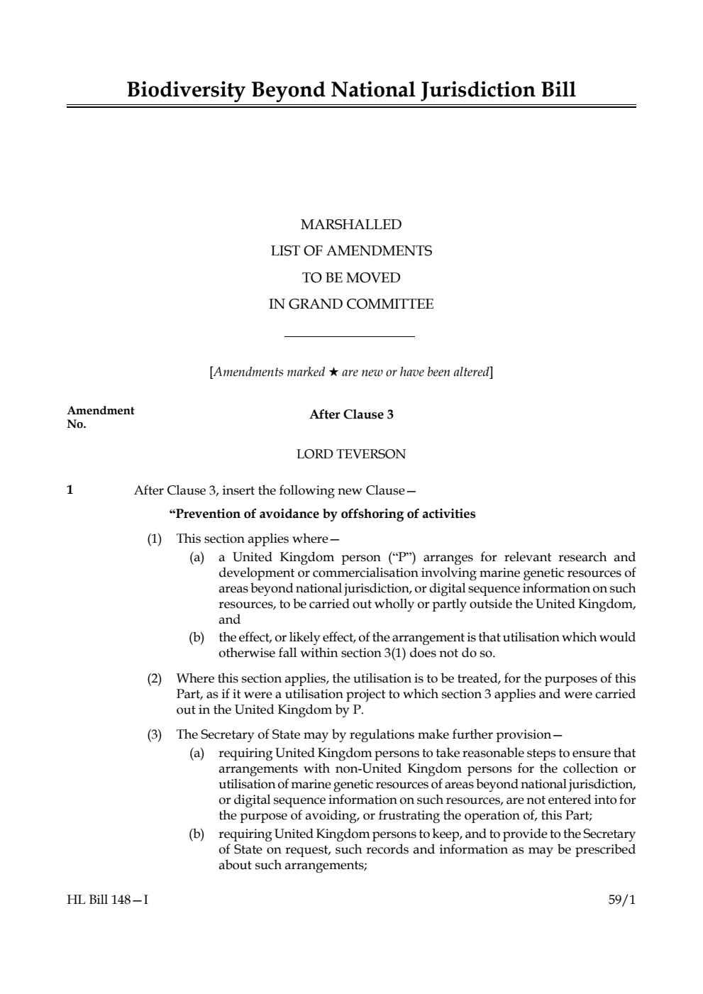 Biodiversity Beyond National Jurisdiction Bill Marshalled List of amendments to be moved in Grand Committee