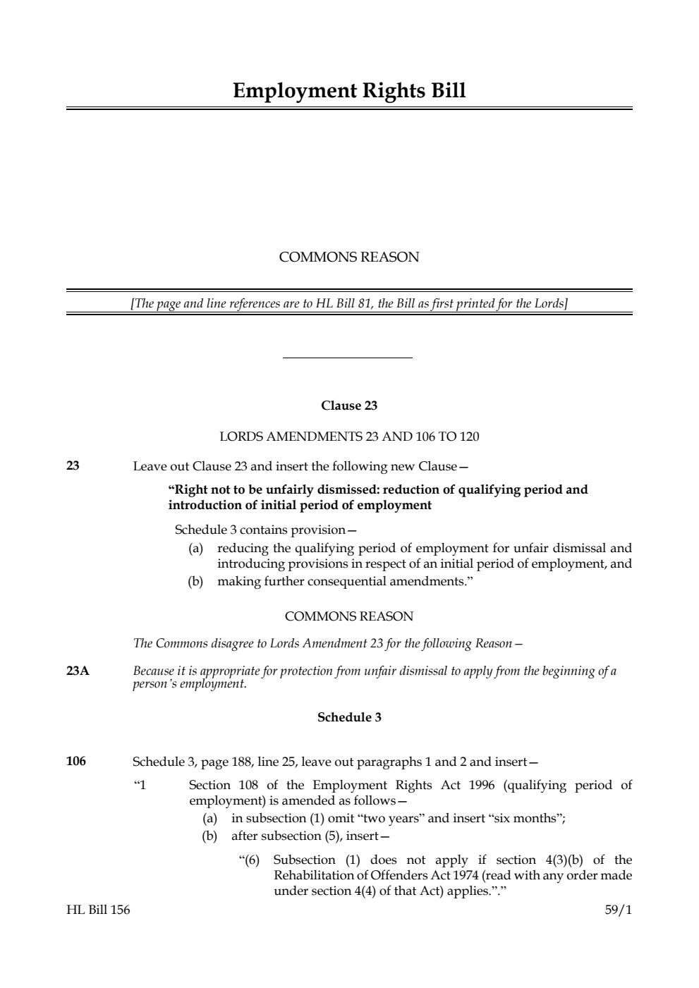 Employment Rights Bill Commons reason