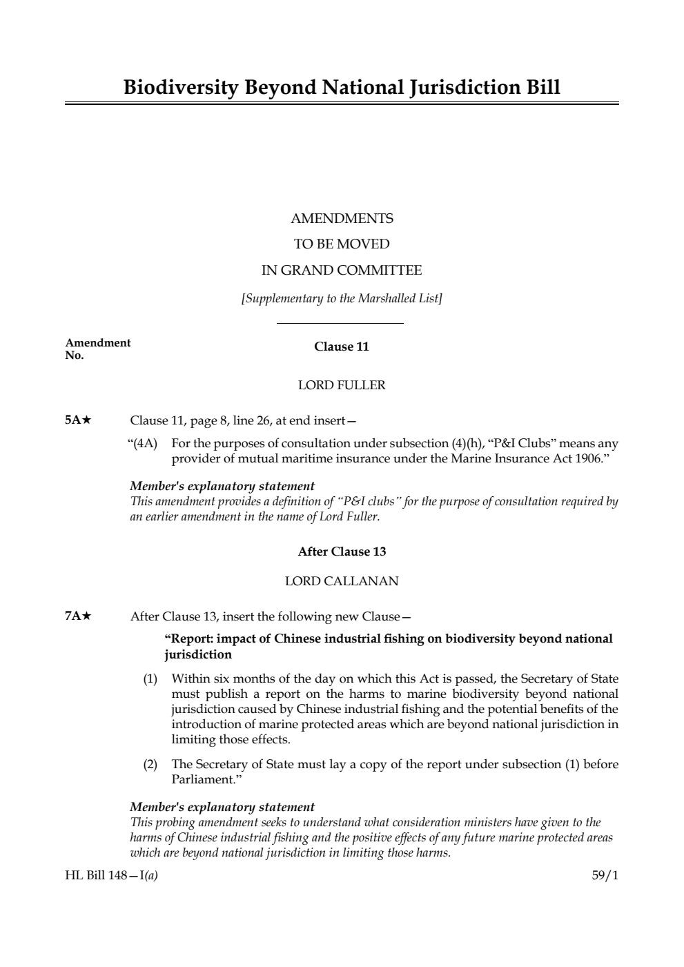 Biodiversity Beyond National Jurisdiction Bill Amendments to be moved in Grand Committee [Supplementary to the Marshalled List]