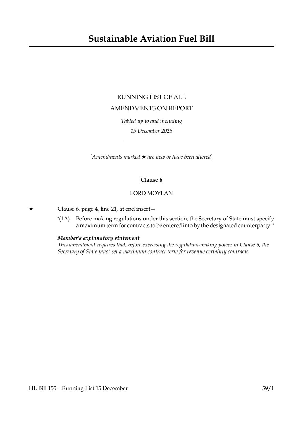 Sustainable Aviation Fuel Bill Running List of all amendments on report tabled up to and including 15 December 2025